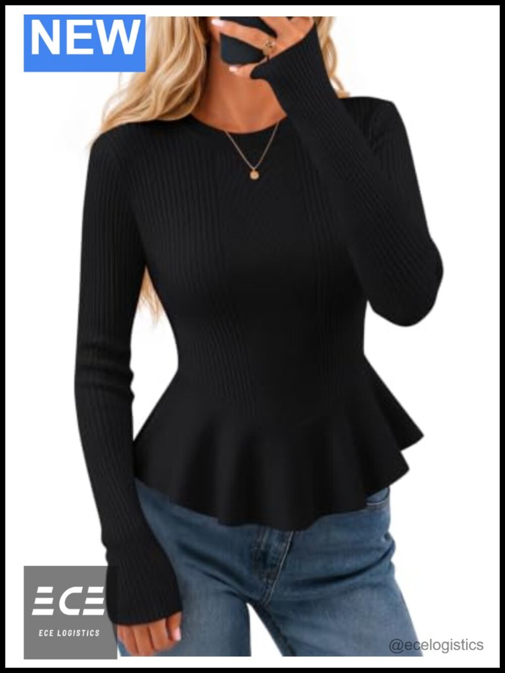 Ruffle Peplum Sweater Cropped Pullover Top Crewneck Slim Fit